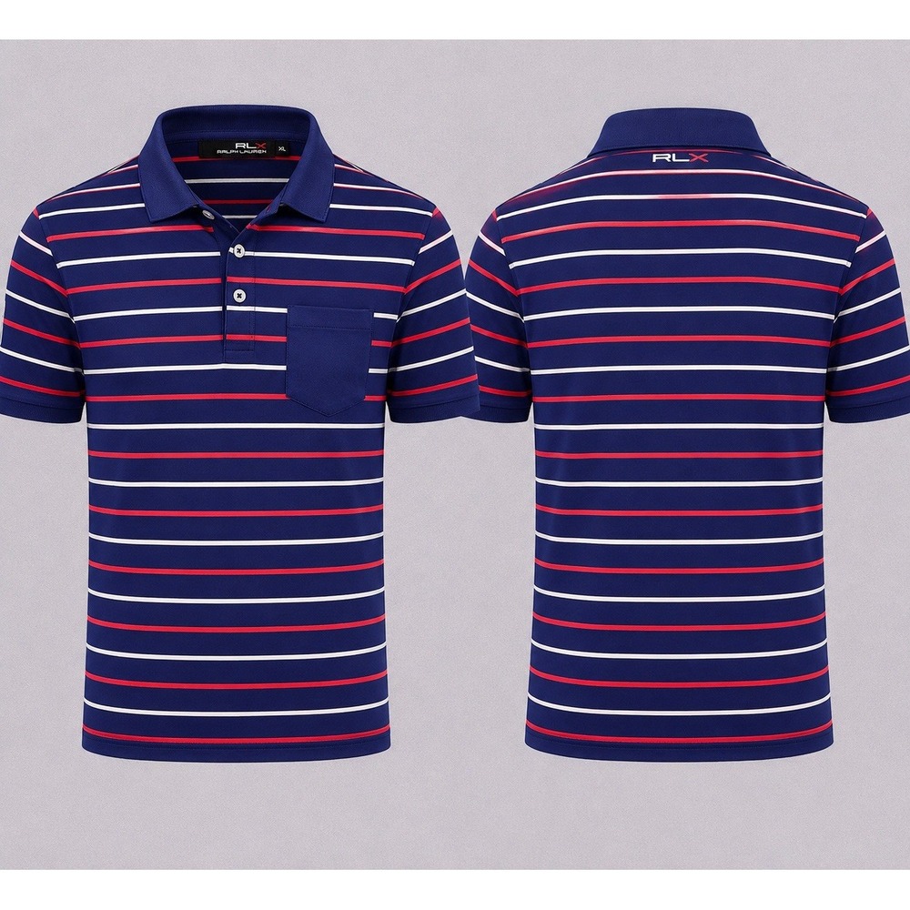 RLX Polo Ralph Lauren Shirt Men XL  BLUE RED WHITE STRIPE  Golf Polo PERFORMANCE